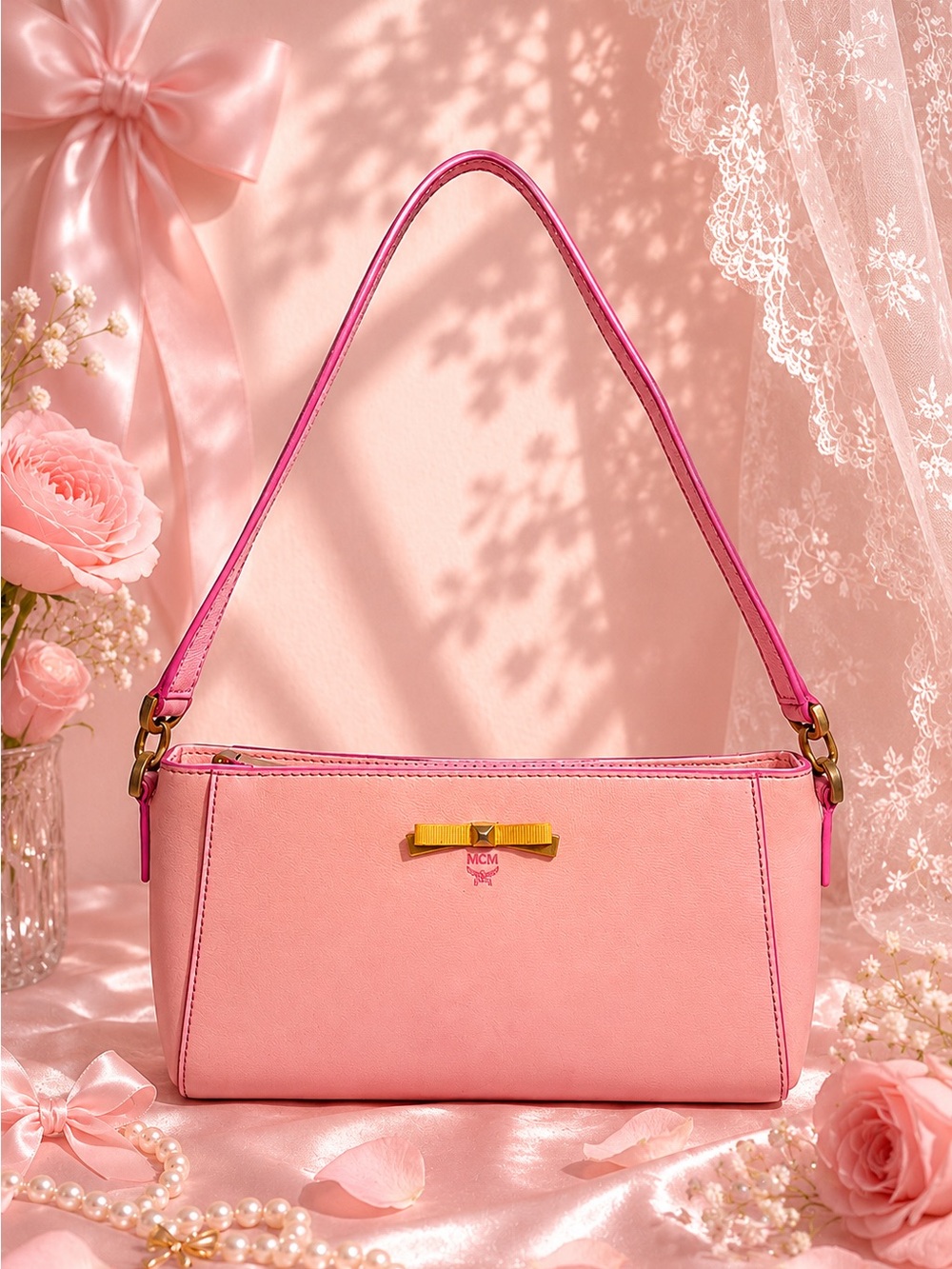 MCM Pink Leather Baguette Shoulder Bag | Bow Hardware Coquette Y2K